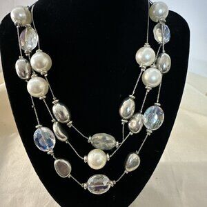 Elegant Tiered Mixed Bead Necklace Faux Pearl Clear Sparkling Silver Tone Formal